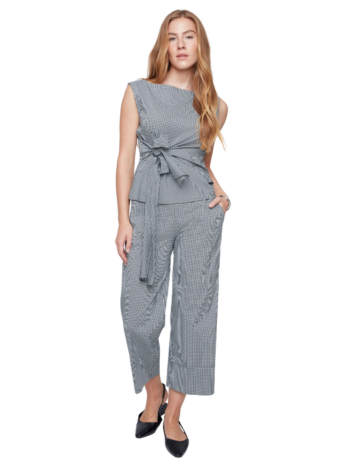 Renuar Crisp Cotton Sleeveless Tie Top in Indigo Gingham