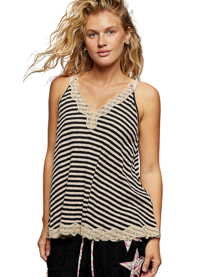 V-Neck Striped Lace Trimed Tank in Sand