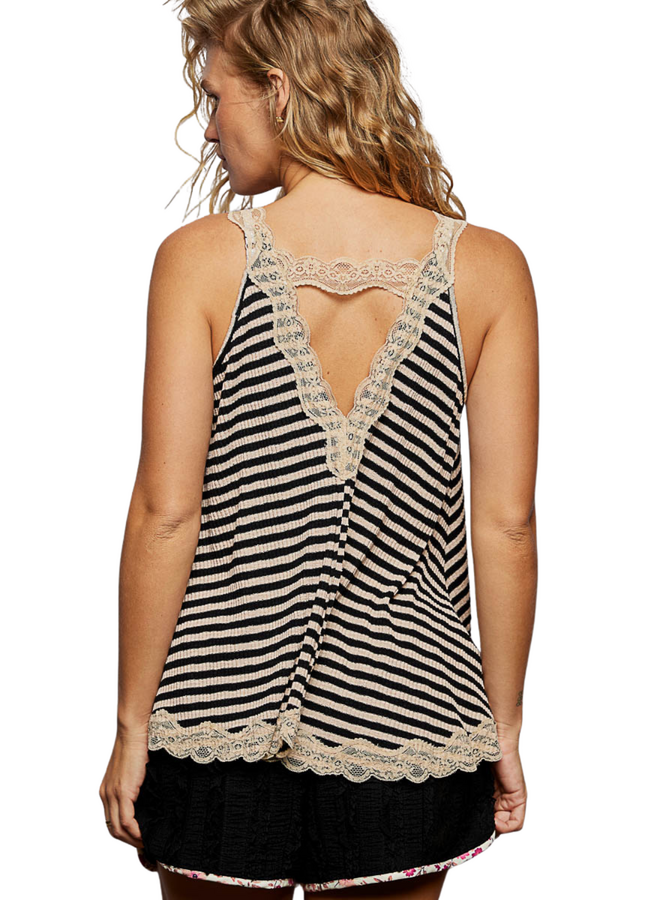 V-Neck Striped Lace Trimed Tank in Sand