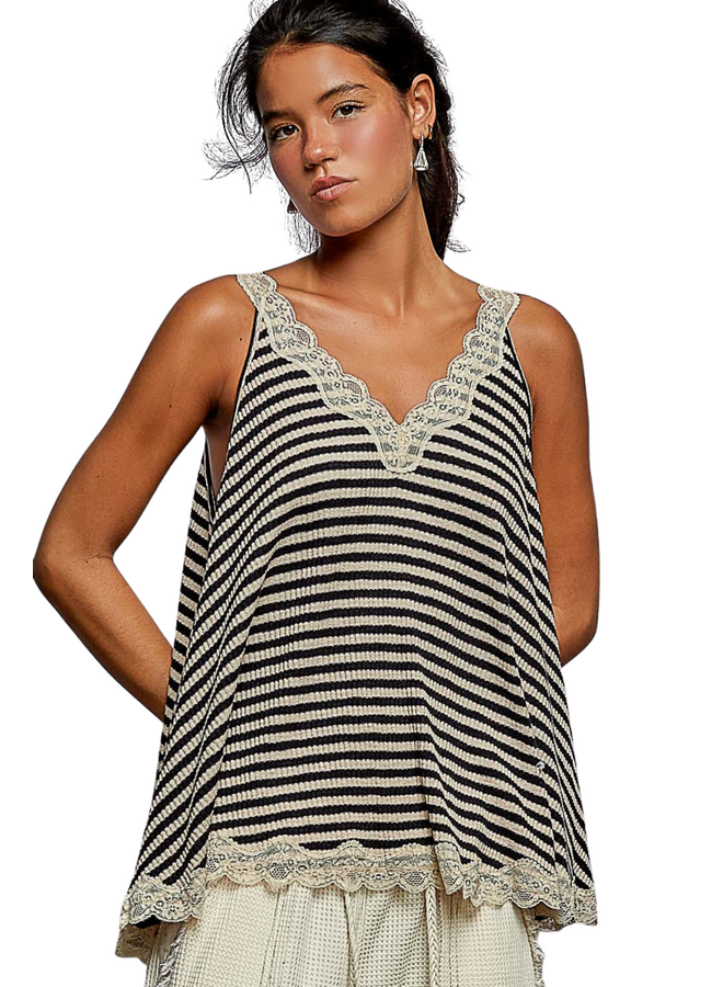 V-Neck Striped Lace Trimed Tank in Sand