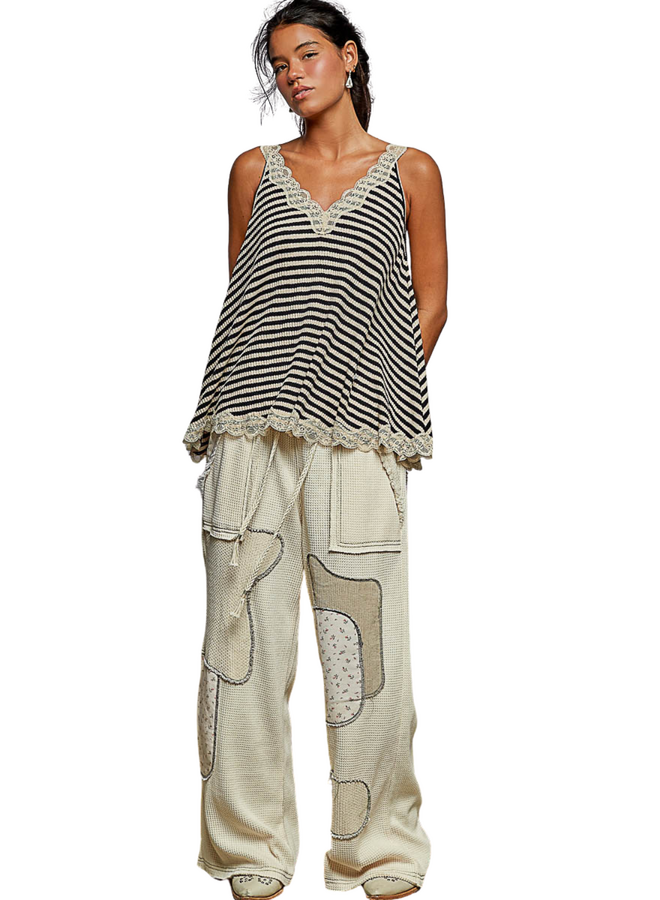 V-Neck Striped Lace Trimed Tank in Sand