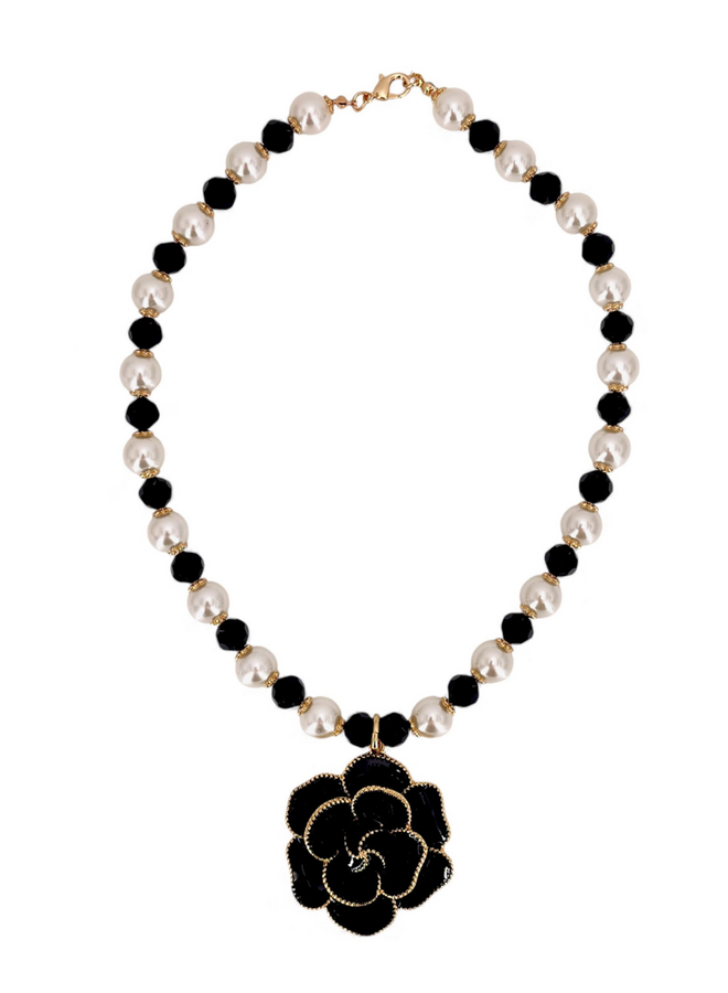 Pearl & Black Rose Necklace