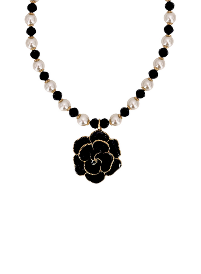 Pearl & Black Rose Necklace