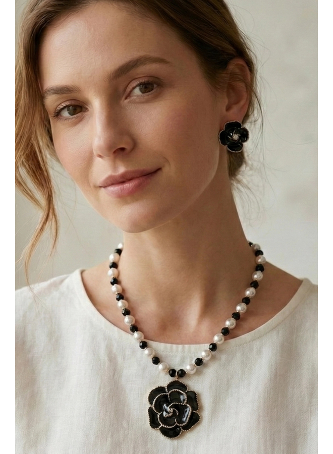 Pearl & Black Rose Necklace