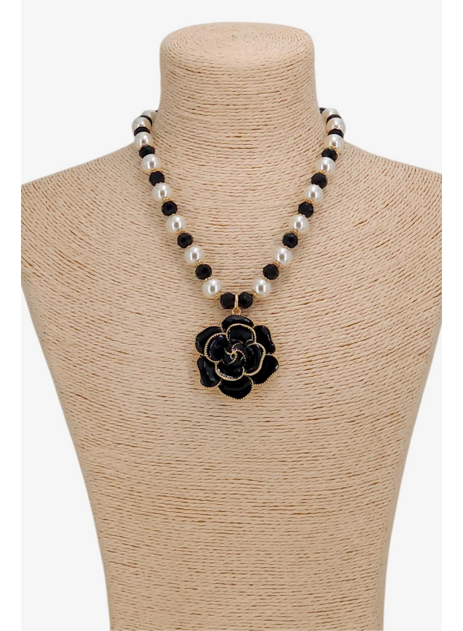 Pearl & Black Rose Necklace