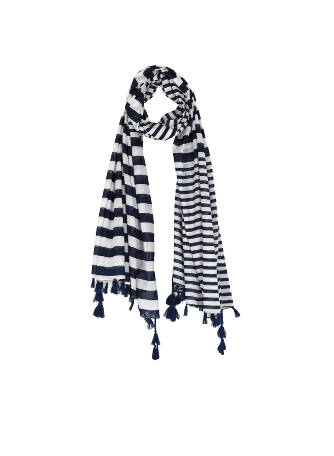 Cotton Stripe Scarf In Navy