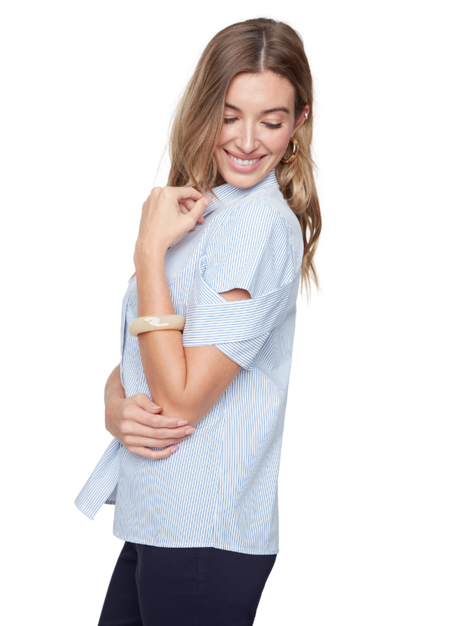 Renuar Striped Criss-Cross Cuff Blouse in Blue