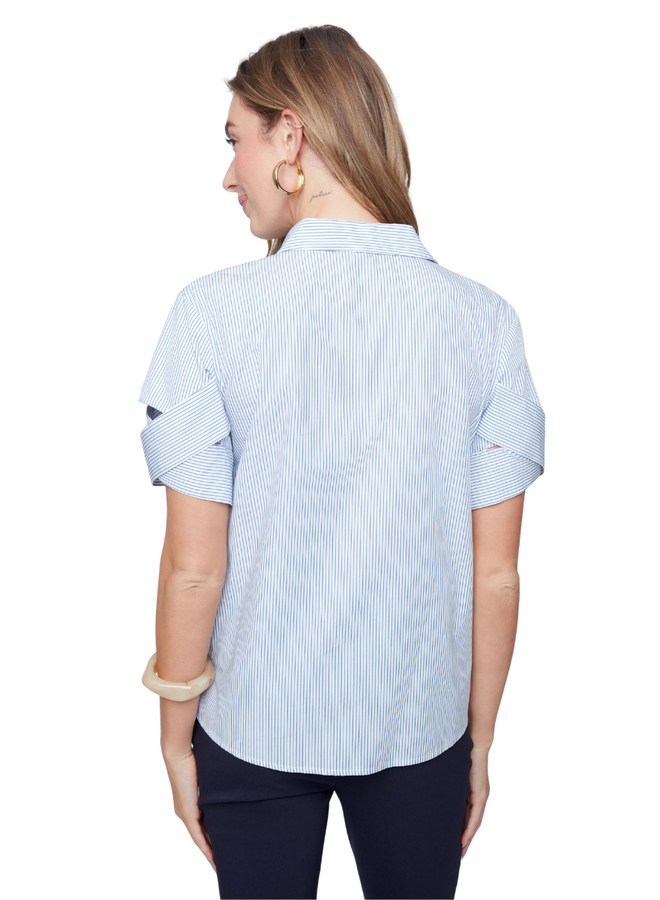Renuar Striped Criss-Cross Cuff Blouse in Blue