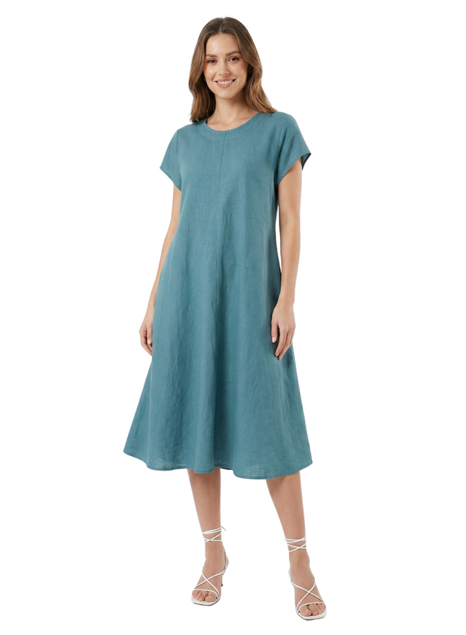 Saga Classic Linen Dress In Seablue