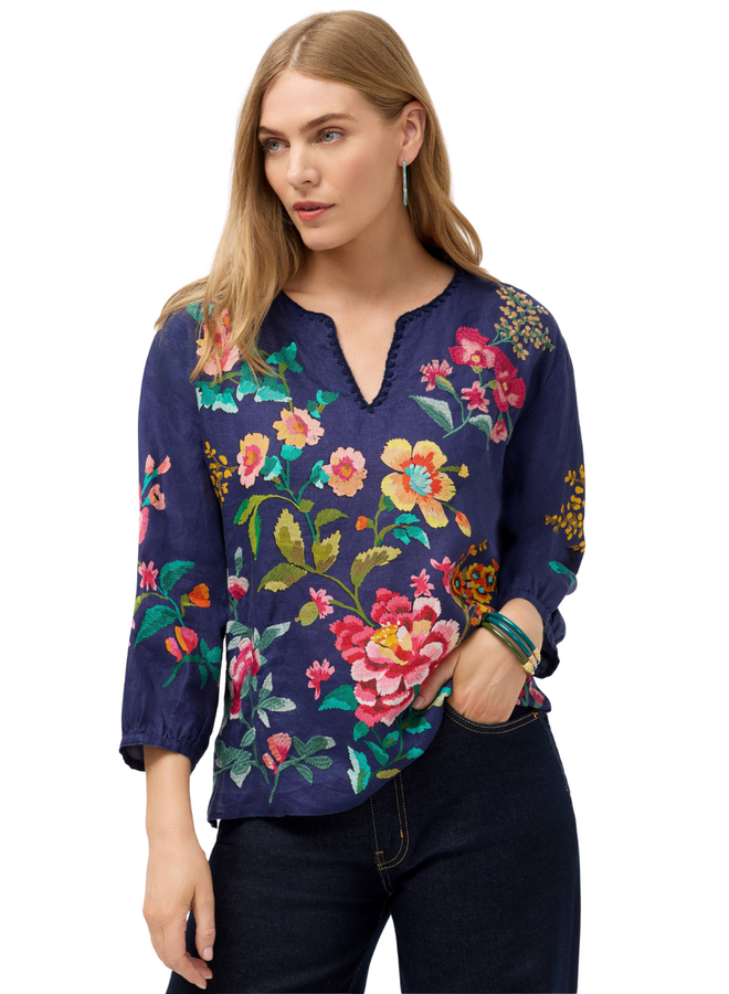 Johnny Was Miraze Split Neck Linen Blouse in Blue Night