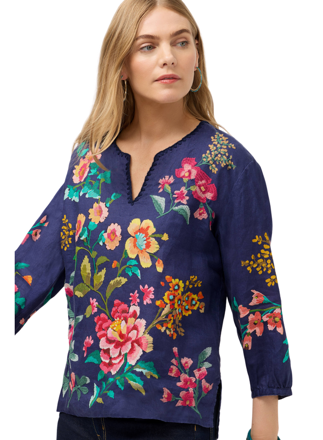 Johnny Was Miraze Split Neck Linen Blouse in Blue Night