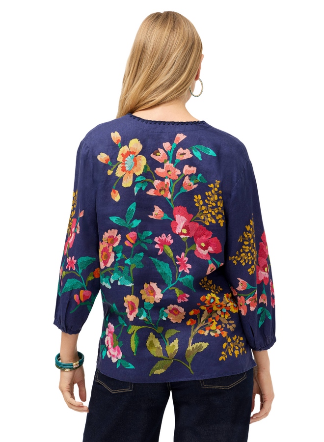 Johnny Was Miraze Split Neck Linen Blouse in Blue Night