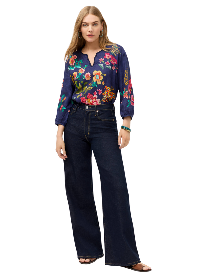 Johnny Was Miraze Split Neck Linen Blouse in Blue Night