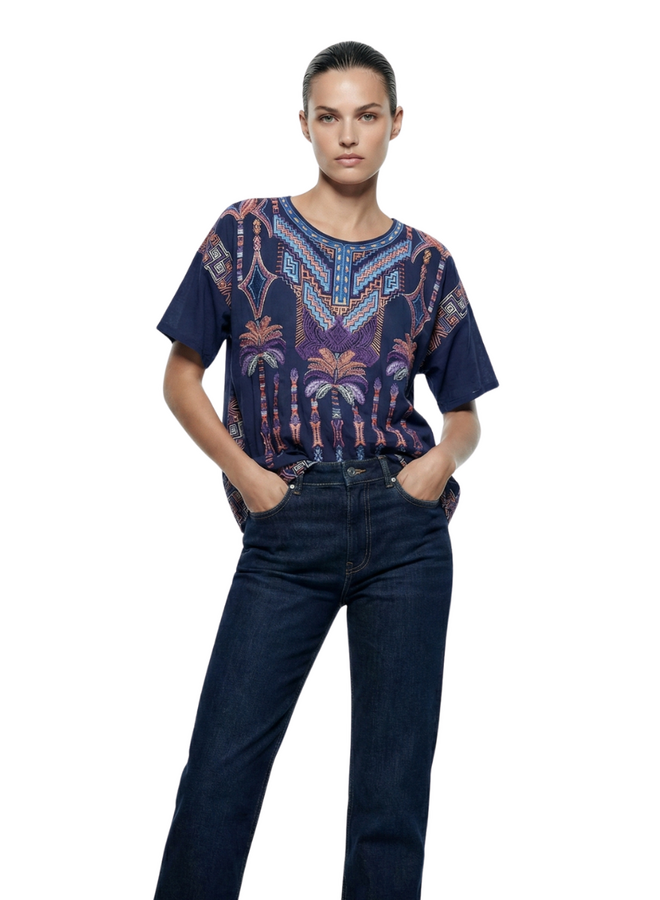 Johnny Was Palm Trees Mariafe Blouse in Blue Night