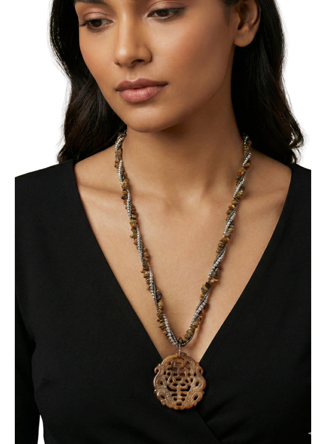 Taupe And Pearl Chinese Medallion Necklace