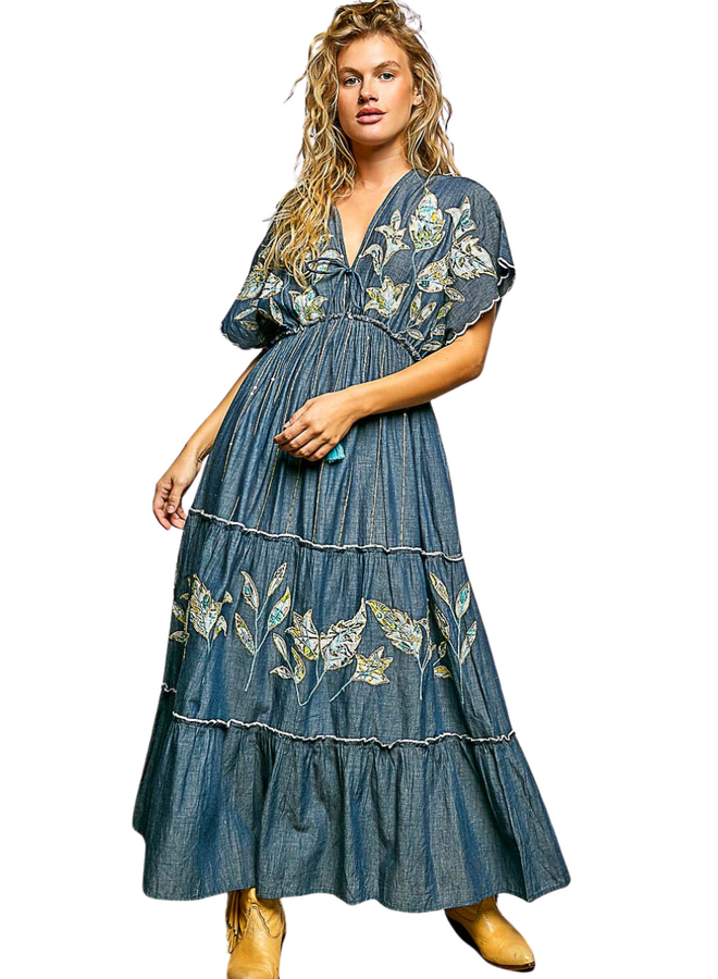 Embroidered Maxi Dress in Denim