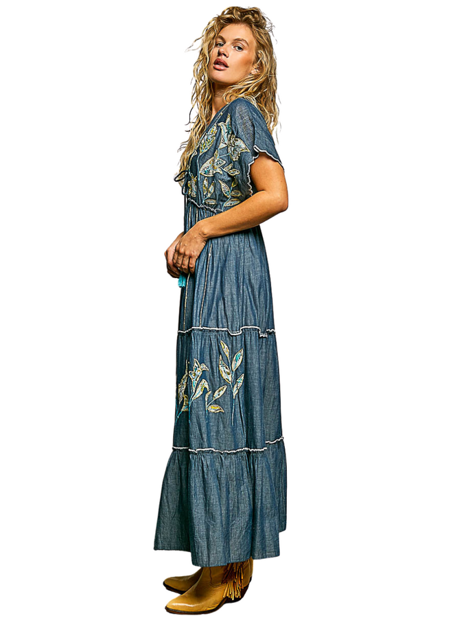 Embroidered Maxi Dress in Denim