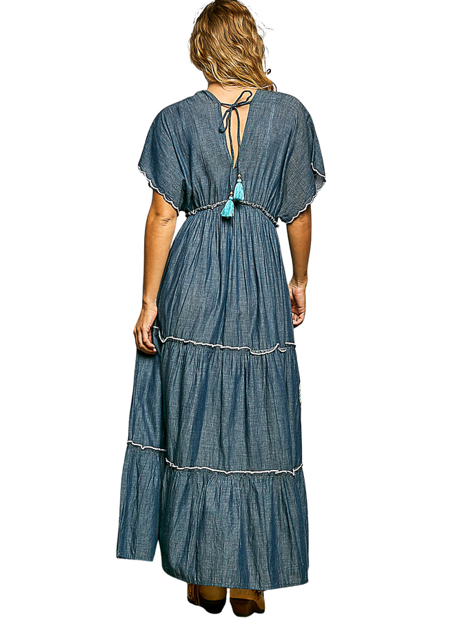 Embroidered Maxi Dress in Denim