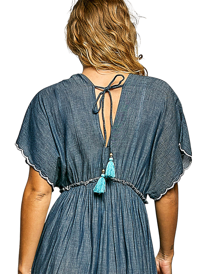 Embroidered Maxi Dress in Denim