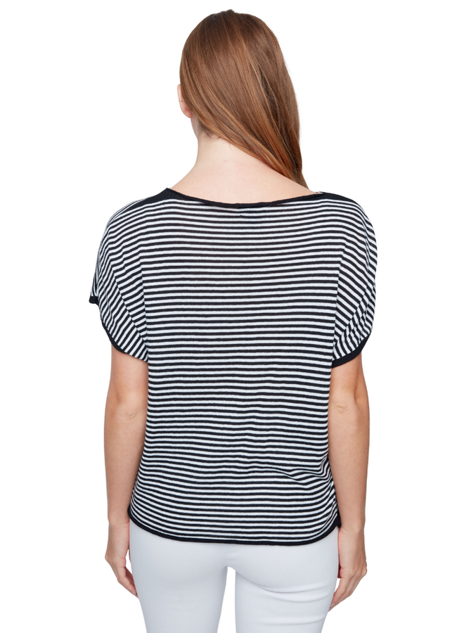 Renuar Striped Knit Pocket Top in Black