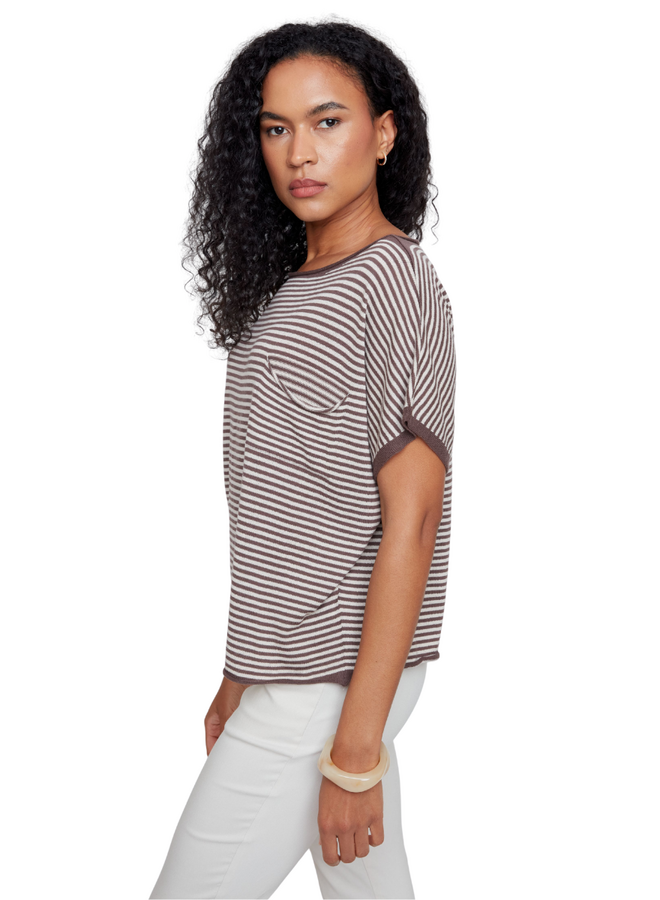 Renuar Striped Knit Pocket Top in Chocolate