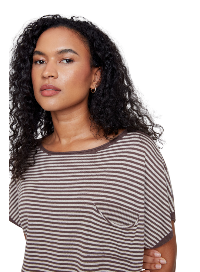 Renuar Striped Knit Pocket Top in Chocolate
