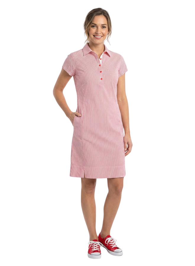 Renuar Seersucker Pinstripe Dress in Scarlet