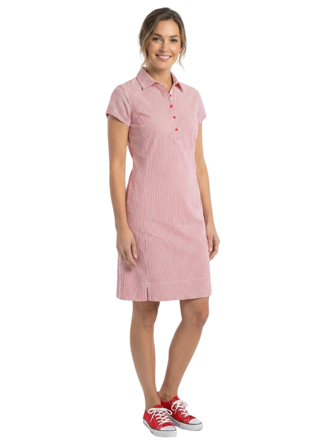 Renuar Seersucker Pinstripe Dress in Scarlet