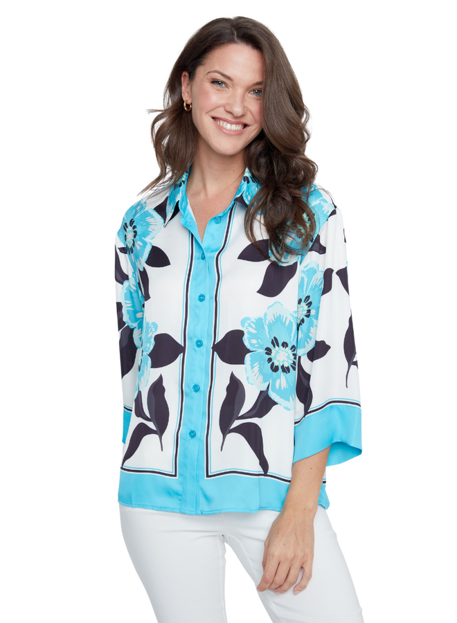 Renuar Designer Floral Blouse In Ocean