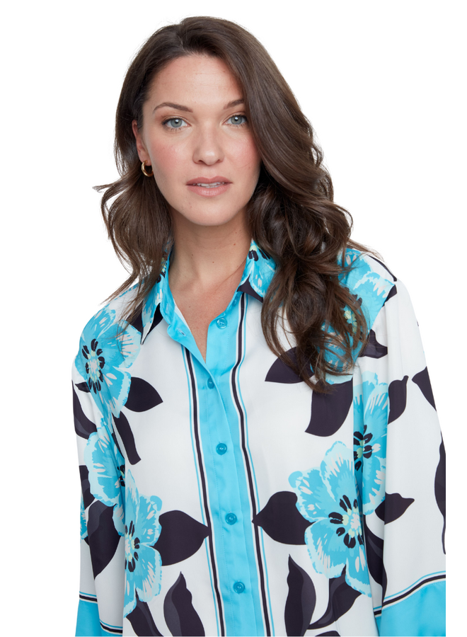 Renuar Designer Floral Blouse In Ocean