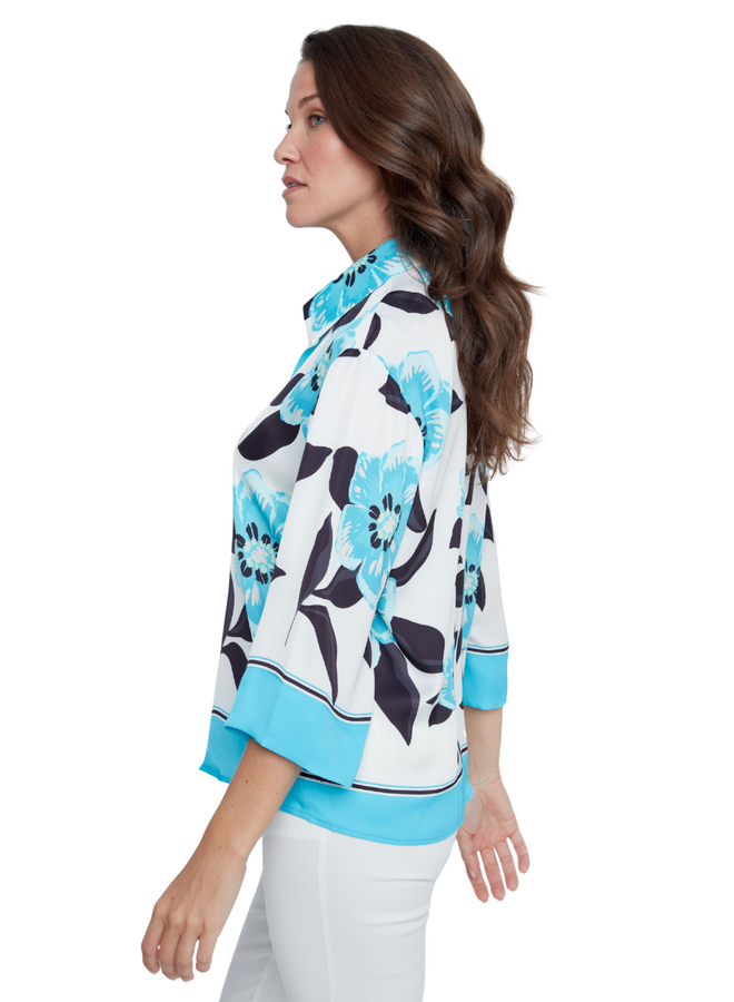 Renuar Designer Floral Blouse In Ocean