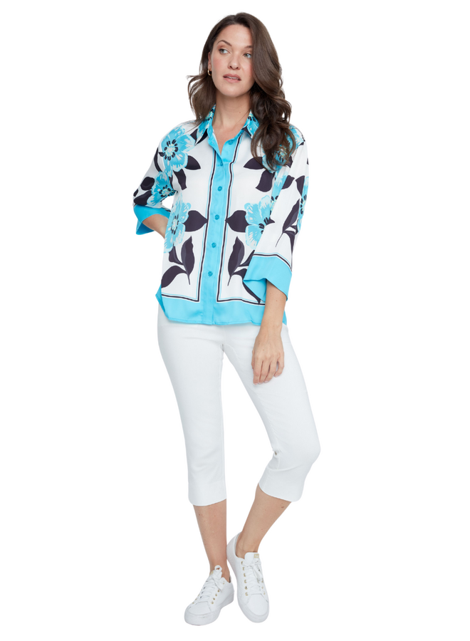 Renuar Designer Floral Blouse In Ocean