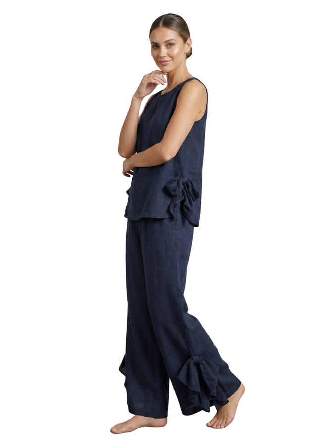 Linen Wide Leg Pant with Silk Tie in Navy