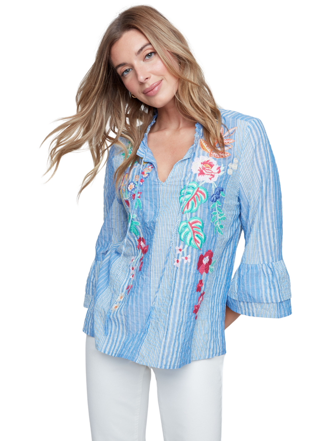 Renuar Embroidered Tropical Tassel Blouse
