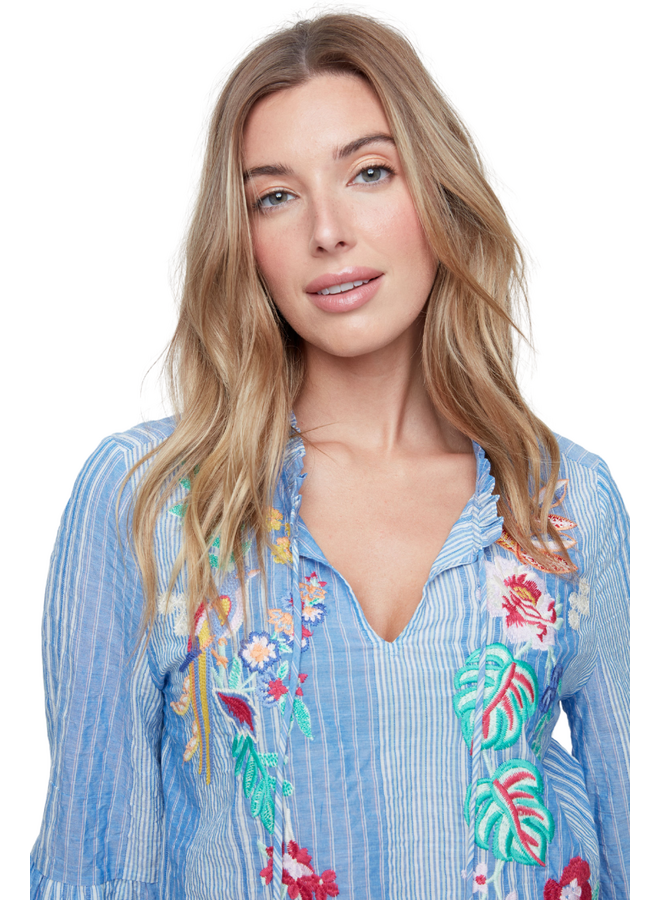 Renuar Embroidered Tropical Tassel Blouse