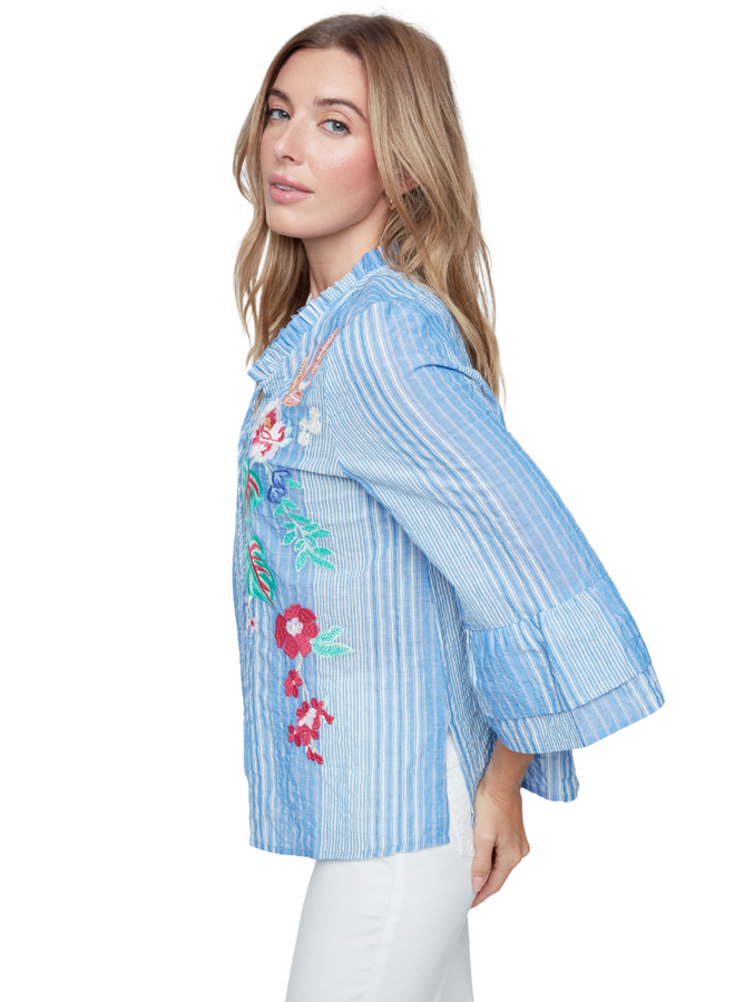 Renuar Embroidered Tropical Tassel Blouse