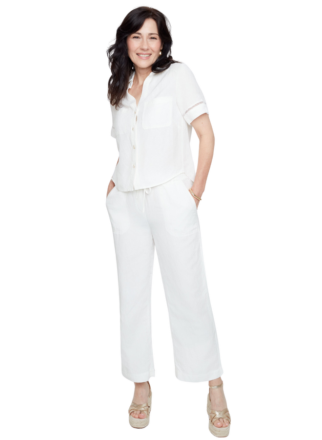 Renuar Linen Border Blouse in Creme