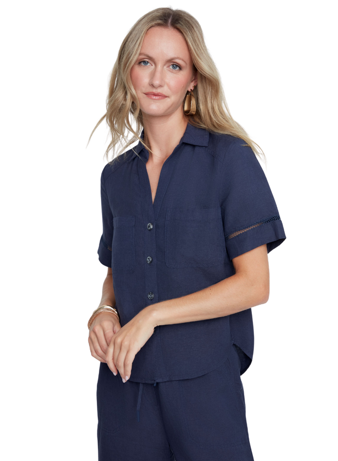 Renuar Linen Border Blouse in Indigo