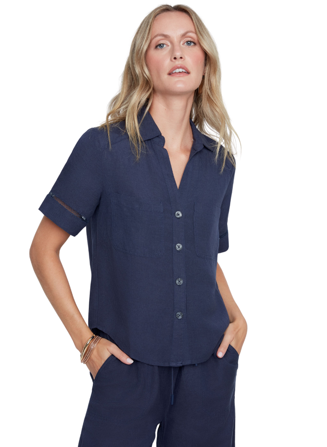 Renuar Linen Border Blouse in Indigo