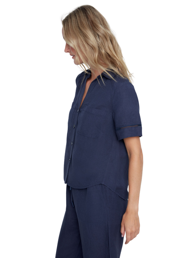 Renuar Linen Border Blouse in Indigo