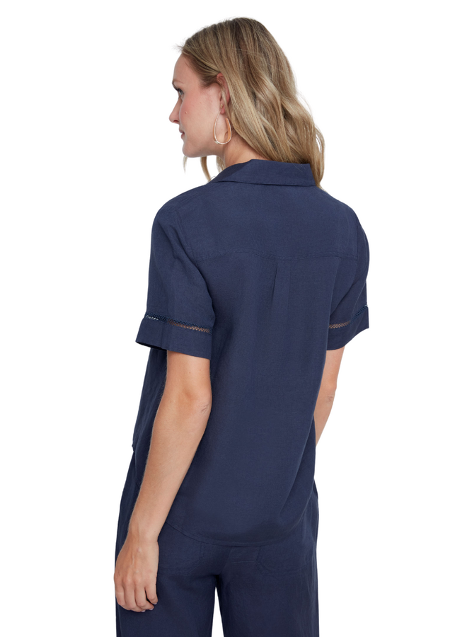 Renuar Linen Border Blouse in Indigo