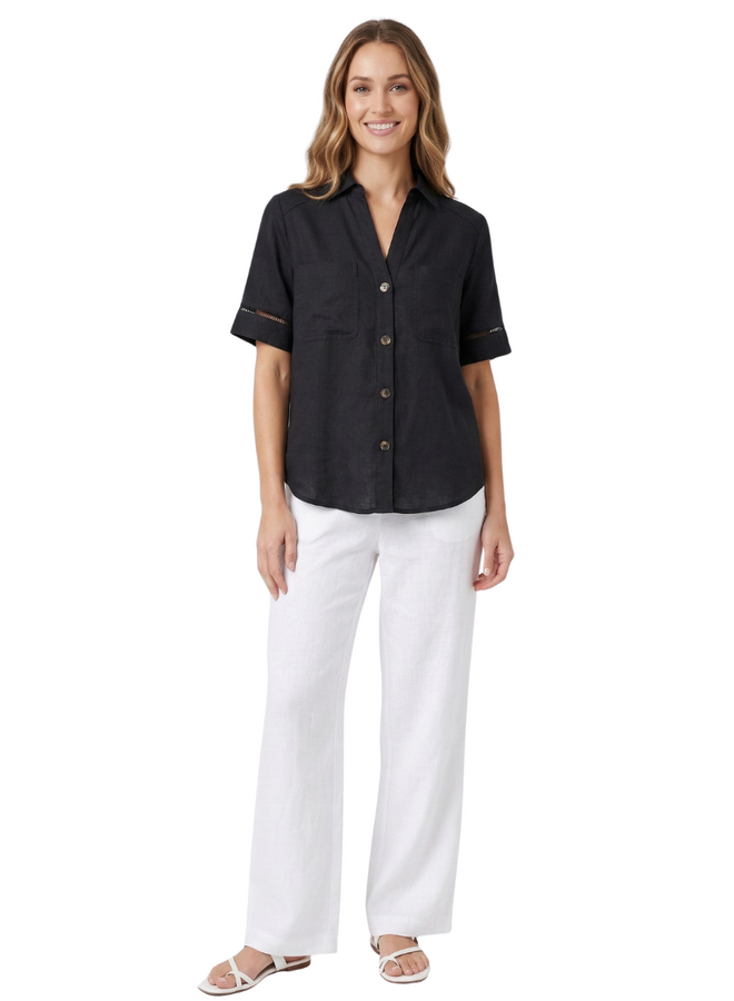 Renuar Linen Border Blouse in Black