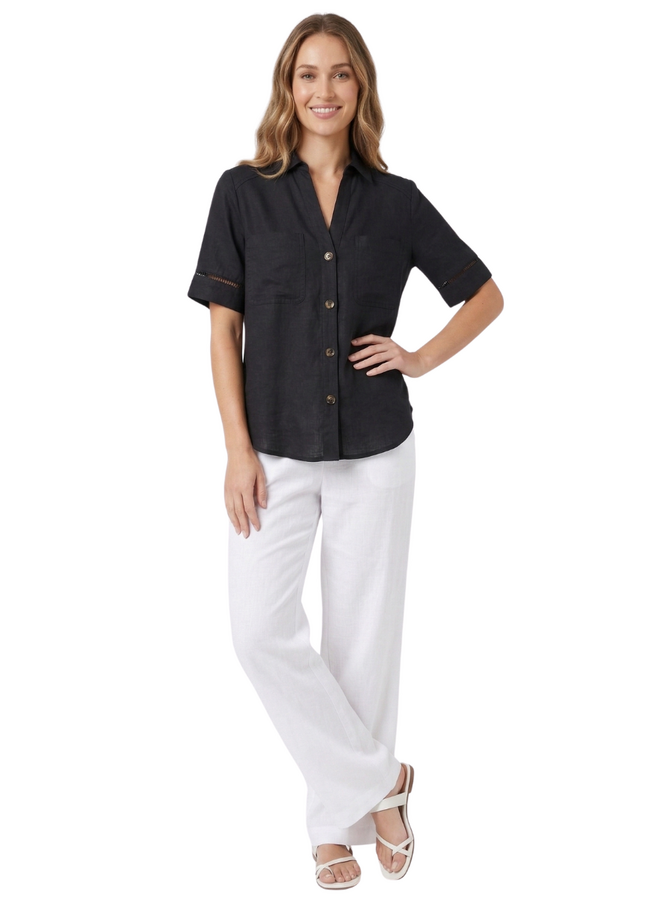 Renuar Linen Border Blouse in Black