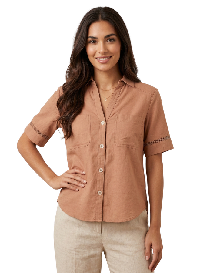 Renuar Linen Border Blouse in Mocha