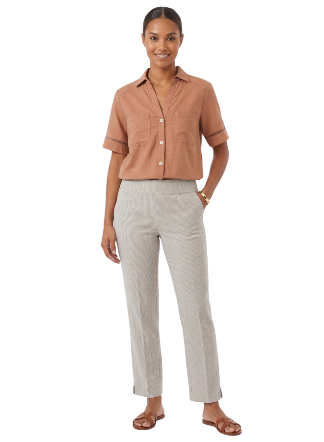 Renuar Linen Border Blouse in Mocha