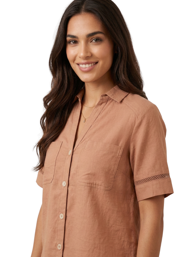 Renuar Linen Border Blouse in Mocha