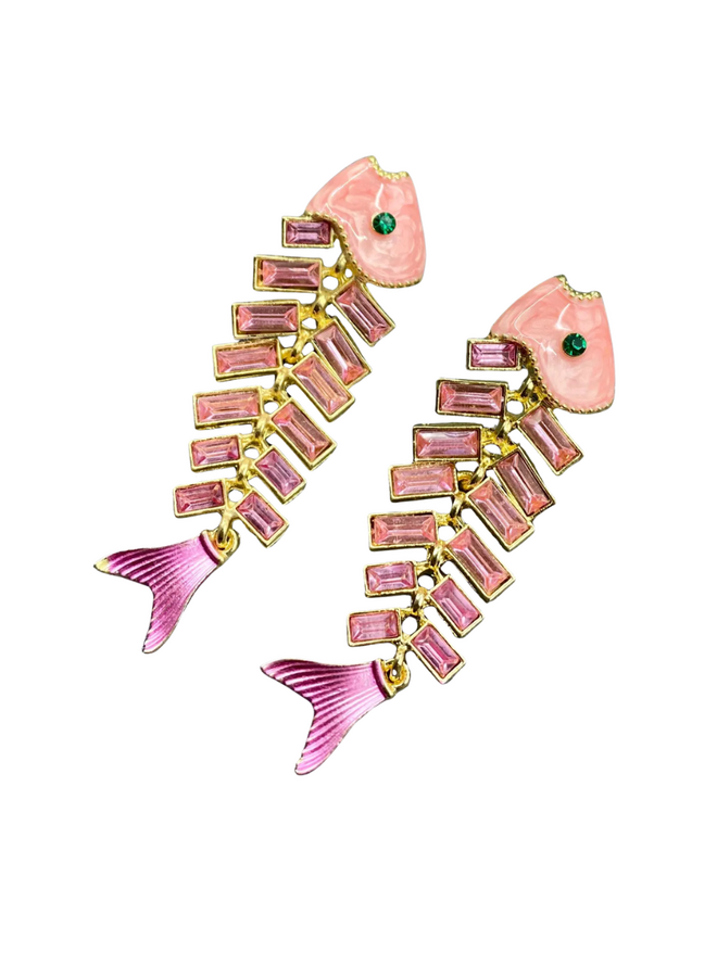 Pink Rhinestone Fishbone Earrings