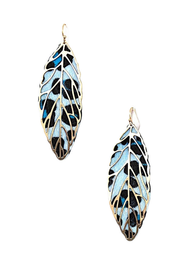 Animal Print Leaf Earrings In Blue