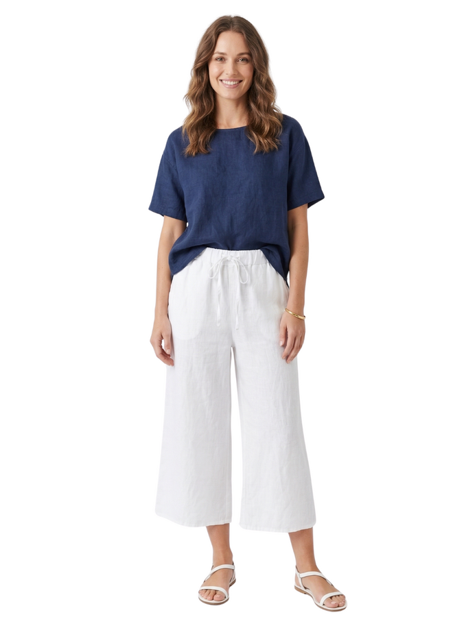 Linen Crop Pants In White