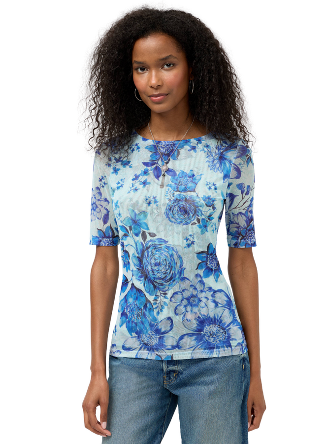 Johnny Was Elbow Sleeve Boat Neck Mesh Top in Casablanca Paradisa